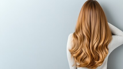 Naklejka premium Long, wavy hair of a young woman styled beautifully against a soft gray backdrop during a casual indoor setting