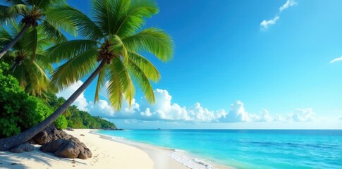 Lush coconut palms sway on a serene blue horizon , palm, sea, ocean