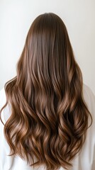 Fototapeta premium Long, wavy brown hair with a glossy finish cascading down the back against a light background in a serene indoor setting