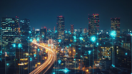 Obraz premium Smart digital Innovation city with connection network reciprocity over the twilight cityscape. of future smart wireless digital city and social media networking systems that connects people with city