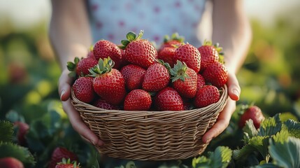 A Basket Full of Freshly Picked Strawberries in a Lush Strawberry Field