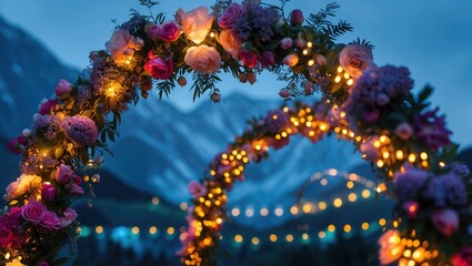 Fototapeta premium Romantic floral arches with roses and lights against mountain backdrop