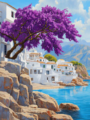 Obraz premium Bright bougainvillea tree overlooks serene coastal village by the sea in sunny weather
