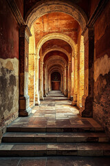 Fototapeta premium A long hallway with arches and stone steps in an old building