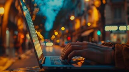 Human interaction with ai  typing on laptop amidst holographic graphics in urban landscape