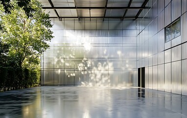 Warehouse with reflective walls and trees in the background blends industrial utility with natural aesthetics