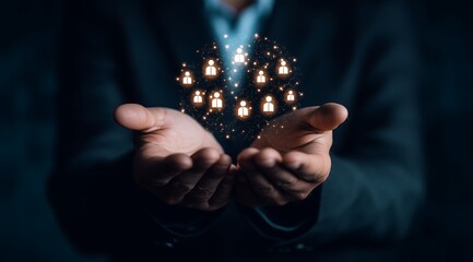 Global Network Concept: Businessman with Human Icons Forming World Map,世界地図を形成する人間アイコンを持つビジネスマンによるグローバルネットワークコンセプト.Generative AI