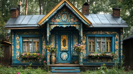 Fototapeta premium Ornate blue wooden house with floral decor.