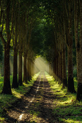 Fototapeta premium A dirt road lined with trees in the middle of a forest