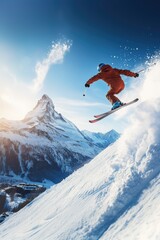 Happy skier skiing in winter.