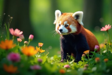Fototapeta premium Red Panda in forest habitat with lush greenery and colorful flowers , red panda, bamboo, forest
