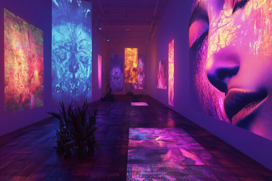 Surreal metaverse art gallery opening showcasing immersive digital experiences