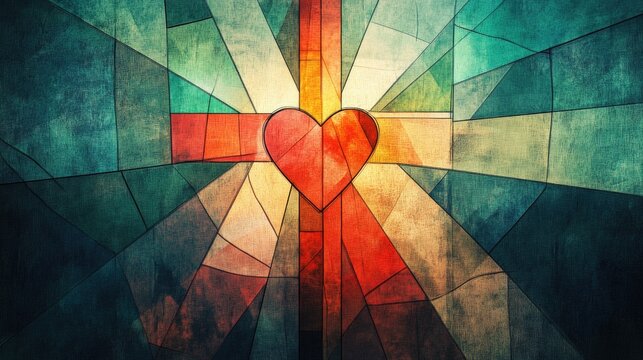 Radiant stained-glass illustration of a cross and heart.
