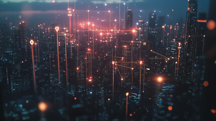 Obraz premium Smart digital Innovation city with connection network reciprocity over the twilight cityscape. of future smart wireless digital city and social media networking systems that connects people with city