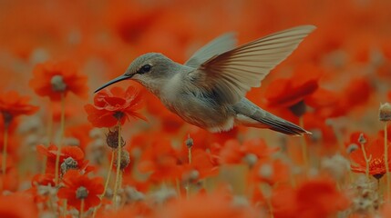 Obraz premium Hummingbird feeding on red poppies in a field.