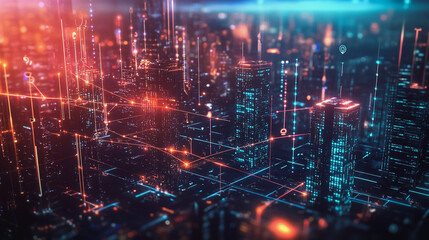 Obraz premium Smart digital Innovation city with connection network reciprocity over the twilight cityscape. of future smart wireless digital city and social media networking systems that connects people with city