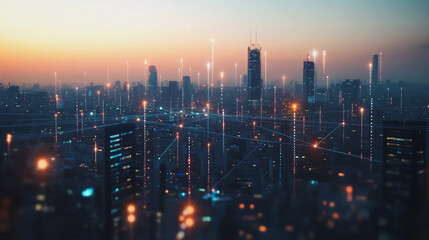 Fototapeta premium Smart digital Innovation city with connection network reciprocity over the twilight cityscape. of future smart wireless digital city and social media networking systems that connects people with city