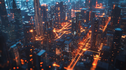 Fototapeta premium Smart digital Innovation city with connection network reciprocity over the twilight cityscape. of future smart wireless digital city and social media networking systems that connects people with city