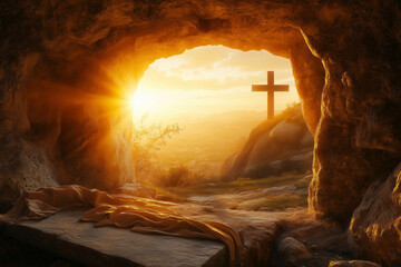 Easter sunrise over the empty tomb symbolizing the resurrection of Jesus Christ and the hope of Christianity