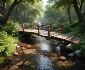 Obraz premium Gentle forest brook flowing under a rustic wooden bridge , trees, peaceful