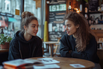 Fototapeta premium Deep conversation between two friends in a cozy cafe at dusk