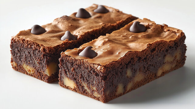 Indulgent chocolate chip brookies stacked on a rustic wooden table