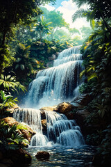 A waterfall in the middle of a lush green forest