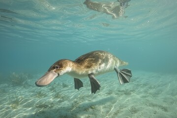 Obraz premium A playful platypus swimming in a clear freshwater creek, ripples forming around its sleek body. 