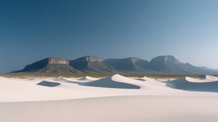 Fototapeta premium Pristine white sand dunes ripple under a clear blue sky, framing a mountainous horizon, evoking a sense of vastness and solitude.