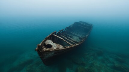 Fototapeta premium A submerged, rusted shipwreck lies still in misty, turquoise waters, evoking mystery and forgotten tales.