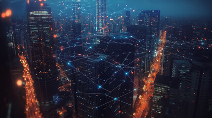 Fototapeta premium Smart digital Innovation city with connection network reciprocity over the twilight cityscape. of future smart wireless digital city and social media networking systems that connects people with city