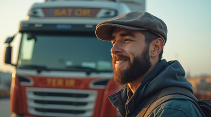 Fototapeta premium Portrait of trucker with beard and cap beside blurred truck