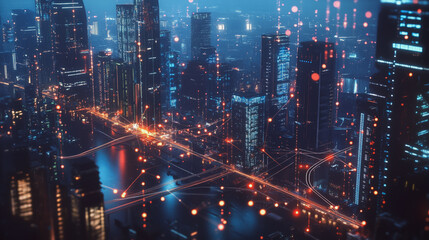 Fototapeta premium Smart digital Innovation city with connection network reciprocity over the twilight cityscape. of future smart wireless digital city and social media networking systems that connects people with city