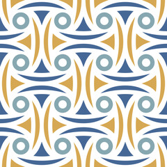 Seamless geometric pattern with simple geometric shapes in blue and yellow isolated on a white background. Elegant and trendy design. Contemporary ethnic style. Abstract vector illustration.