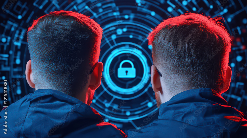 Poster secure digital environment with two individuals analyzing data