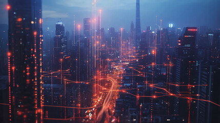 Obraz premium Smart digital Innovation city with connection network reciprocity over the twilight cityscape. of future smart wireless digital city and social media networking systems that connects people with city