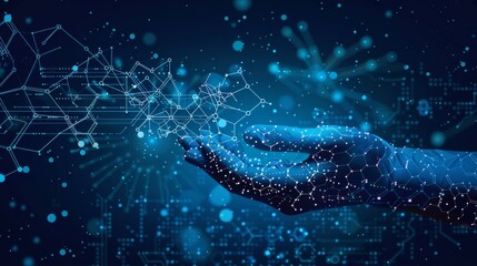 Medical symbols and data displayed against a blue background with a gloved hand present
