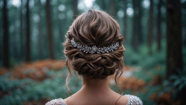 Elegant bridal updo in serene forest setting