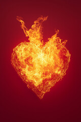Heart shape made of fire isolated on red background