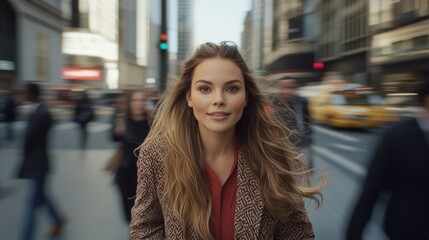 Fototapeta premium A woman confidently strides through a bustling city street, vibrant life and motion surrounding her in a vivid urban tapestry.