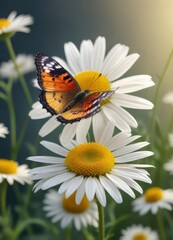 Fototapeta premium Delicate butterfly perched on a single chamomile flower, Insect, Chamomile flowers, Blooms