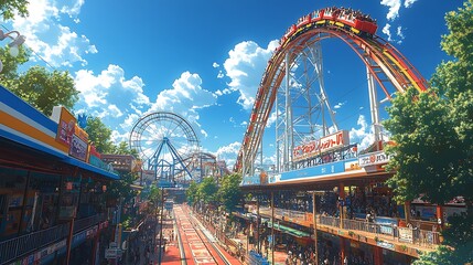 Obraz premium Vibrant Amusement Park Featuring High-Speed Roller Coaster Adventure Thrill Image