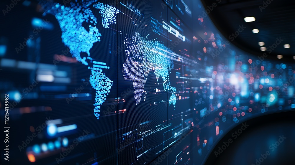 Aufkleber a futuristic representation of the world map with a digital display showcasing data visualization an