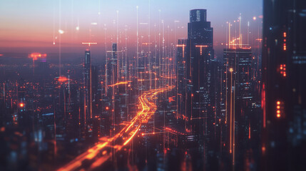 Fototapeta premium Smart digital Innovation city with connection network reciprocity over the twilight cityscape. of future smart wireless digital city and social media networking systems that connects people with city
