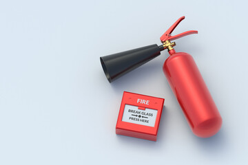 Rescue in disasters and incidents. Emergency equipment. Safety concept. Fire extinguisher and fire alarm button on light gray background. Copy space. 3d render