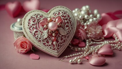 Fototapeta premium A vintage pink heart-shaped box with intricate decorations, surrounded by pearls and roses on a soft pink background