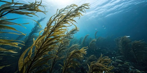 Fototapeta premium Dense seaweed swaying in dark blue ocean surface, ocean surface, waves, movement, watercolor effect, ocean currents