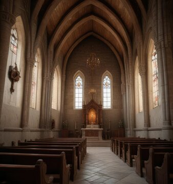 Detailed photo of Kerkis mountain chapel interior, wooden beams, church interior