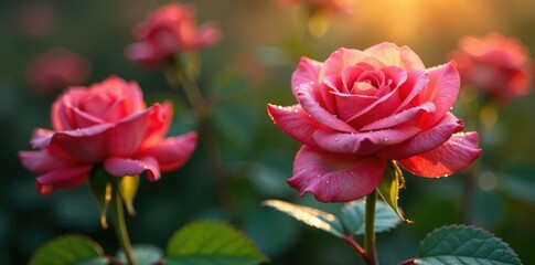 Obraz premium Dew-kissed roses in the stillness of an early morning, water drops, background