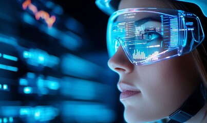 A woman wearing advanced smart glasses, showcasing augmented reality data overlays against a futuristic digital backdrop.